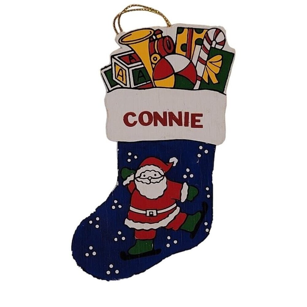 Vintage Wooden Christmas Stocking Ornament Santa Toys Custom Name Connie - Picture 1 of 6
